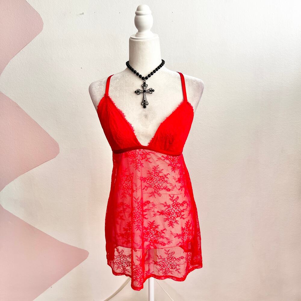 Red Lace Babydoll‎ Top Y2K 2000s Coquette Fairycore Romantic Small